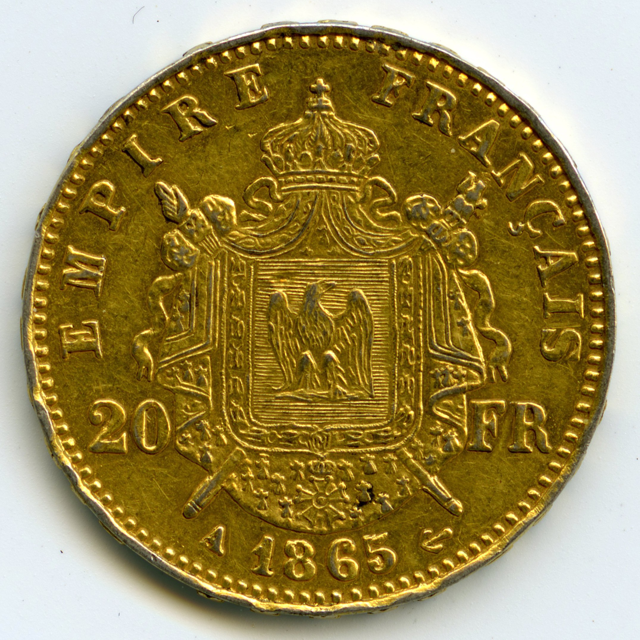 Napoléon III - 20 Frs Platine - 1865 A revers