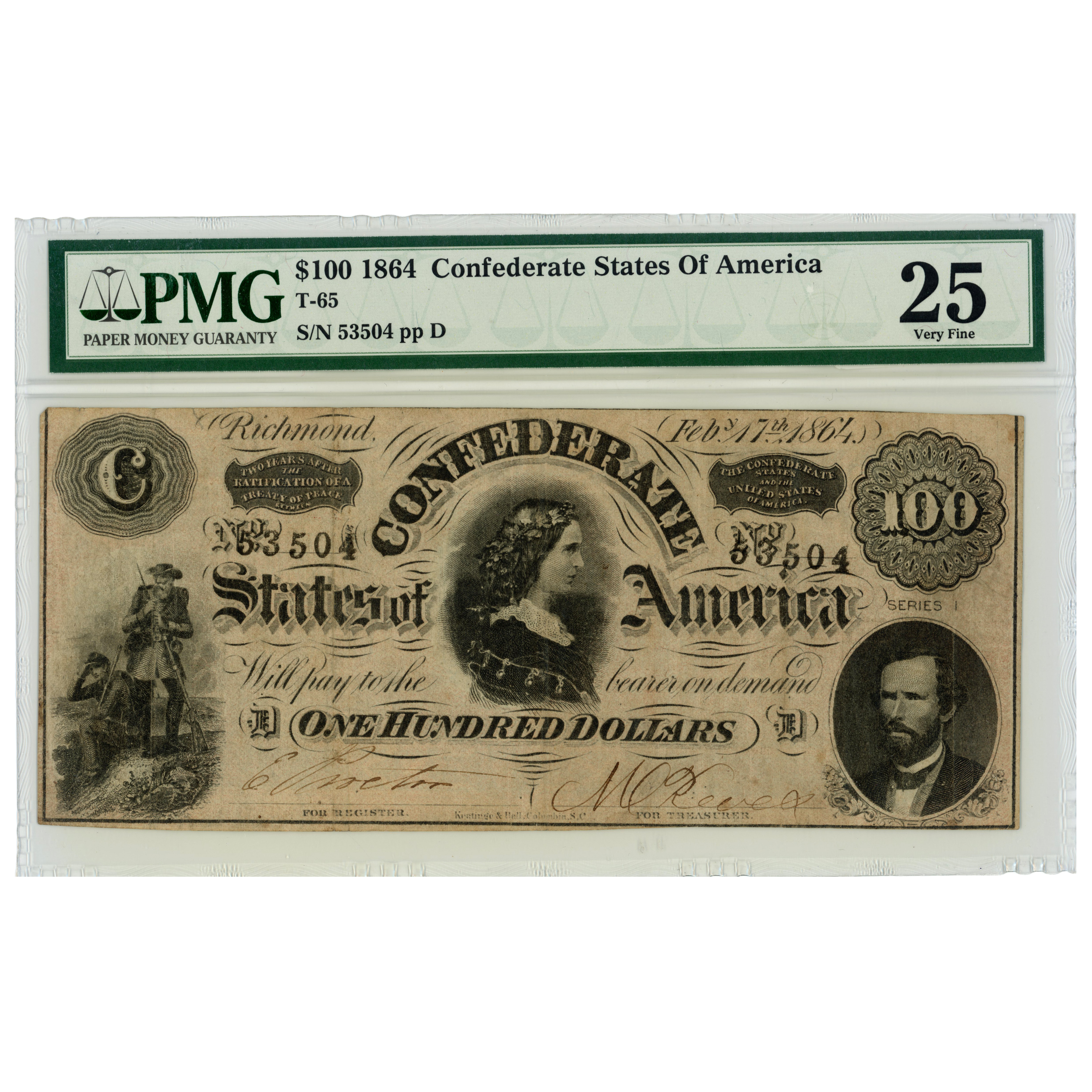 USA - 100 Dollars - États confédérés - 1864 avers