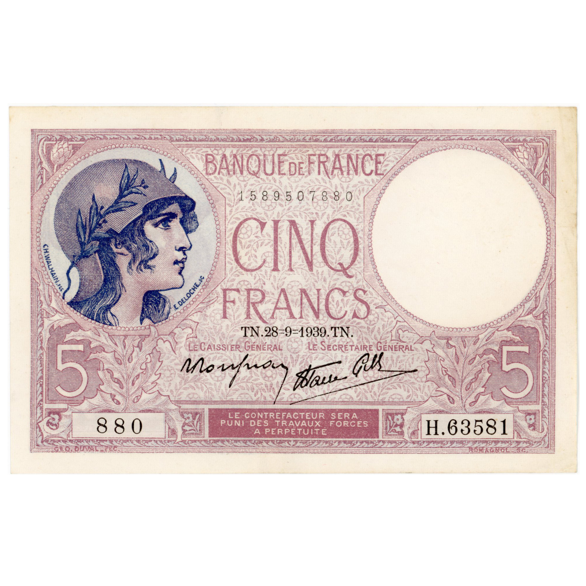 France - 5 Francs Femme Casquée - 1939 avers France - 5 Francs Femme Casquée - 1939 avers