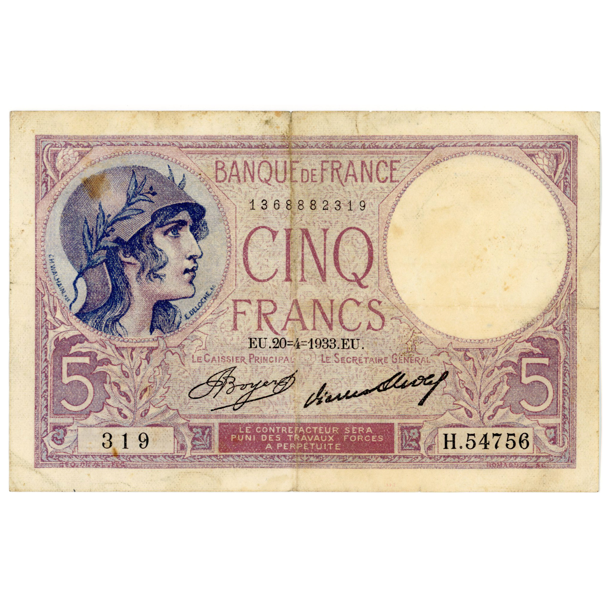 France - 5 Francs Femme Casquée - 1933 avers France - 5 Francs Femme Casquée - 1933 avers
