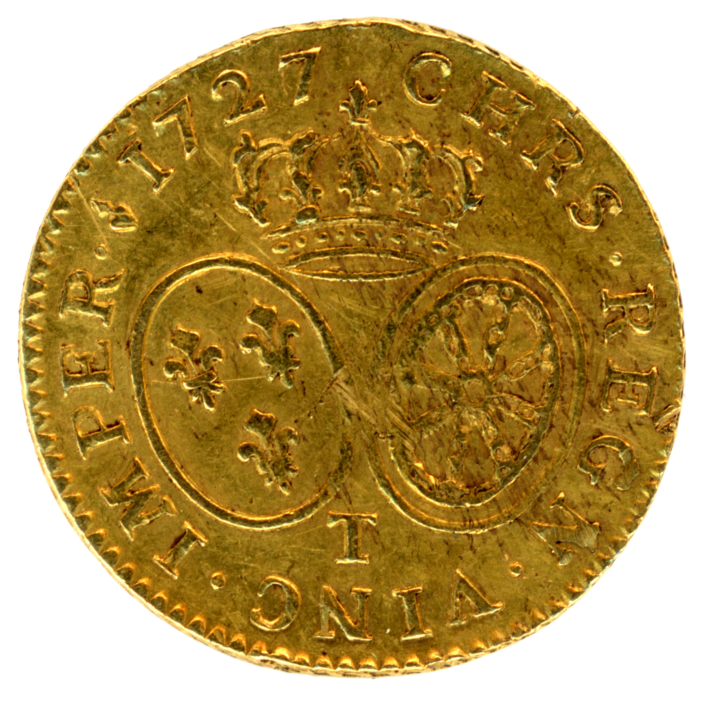 Louis XV - Louis d’or aux lunettes - 1727 T revers Louis XV - Louis d’or aux lunettes - 1727 T revers